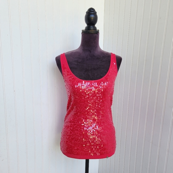 A|X Armani Exchange Top Womens Hot Pink Tank Sleeveless Blouse Sequin Stretch S - Picture 1 of 12